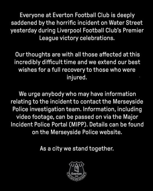 埃弗頓官方：衷心祝愿受傷者全面康復，與利物浦團結一心