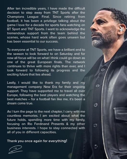 費迪南德：歐冠決賽后將離開TNT體育，未來希望多陪伴家人