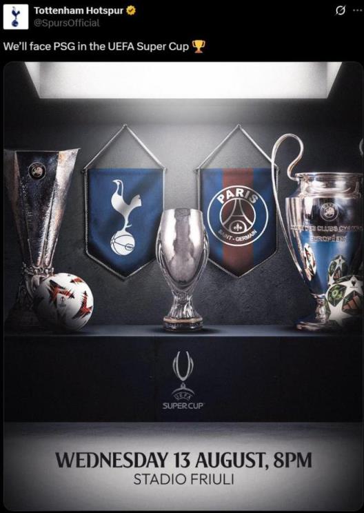 熱刺官方發(fā)布海報(bào)：8月13日歐洲超級(jí)杯對(duì)陣巴黎