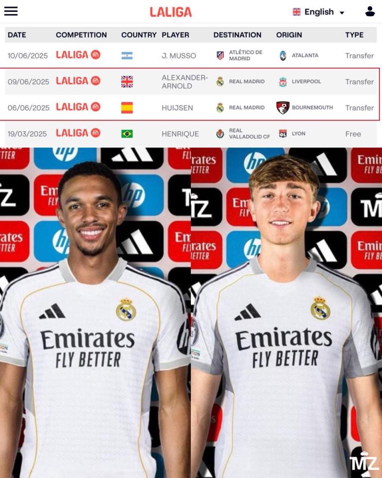 皇馬官方完成阿諾德和赫伊森西甲注冊