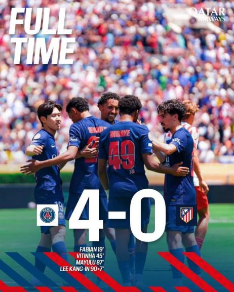 克瓦拉茨赫利亞雙響助攻，巴黎圣日耳曼4-0擊敗馬競奪世俱杯首勝