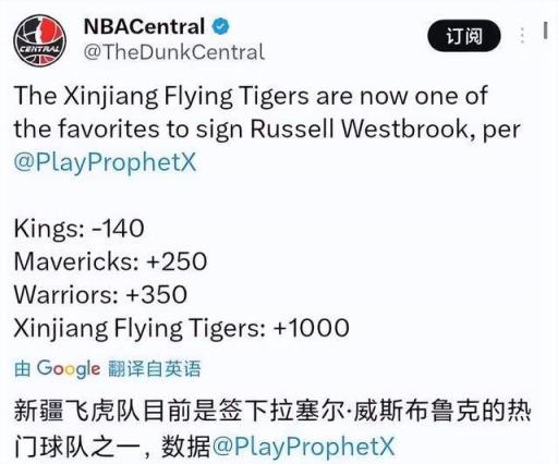 威少加盟CBA新疆？賠率榜沖上第4，上季場均13分，休賽期無人問津