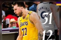 31分12板9助攻！湖人官方公布本場(chǎng)最佳球員——東契奇