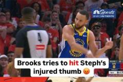 庫(kù)里出手被兩人撲倒未判罰，對(duì)裁判抱怨稱(chēng)其故意揮手擊打自己