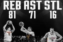 約基奇首輪狂砍81板71助16斷 創(chuàng)系列賽三項(xiàng)紀(jì)錄