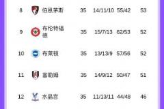 英超8-12名將爭(zhēng)奪歐戰(zhàn)資格，4隊(duì)僅差2分，水晶宮對(duì)陣曼城關(guān)鍵戰(zhàn)
