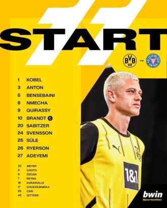 爭(zhēng)歐冠資格！多特首發(fā)名單出爐：阿德耶米、布蘭特領(lǐng)銜，吉滕斯替補(bǔ)登場(chǎng)