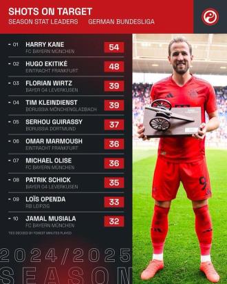 凱恩54次射正進(jìn)26球，成德甲本賽季唯一射正50+球員