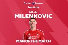 米倫科維奇當(dāng)選森林對(duì)陣西漢姆全場最佳球員