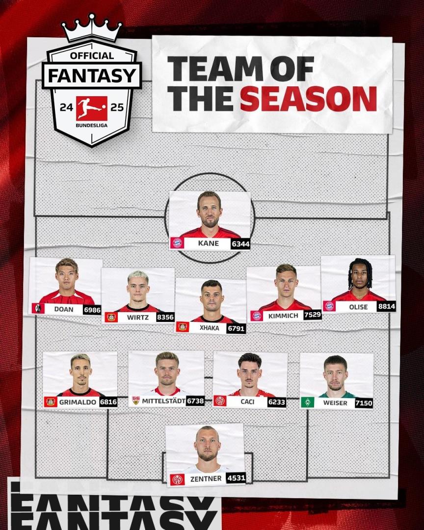 德甲官方公布賽季最佳陣容：凱恩領(lǐng)銜，維爾茨、奧利塞、堂安律入選