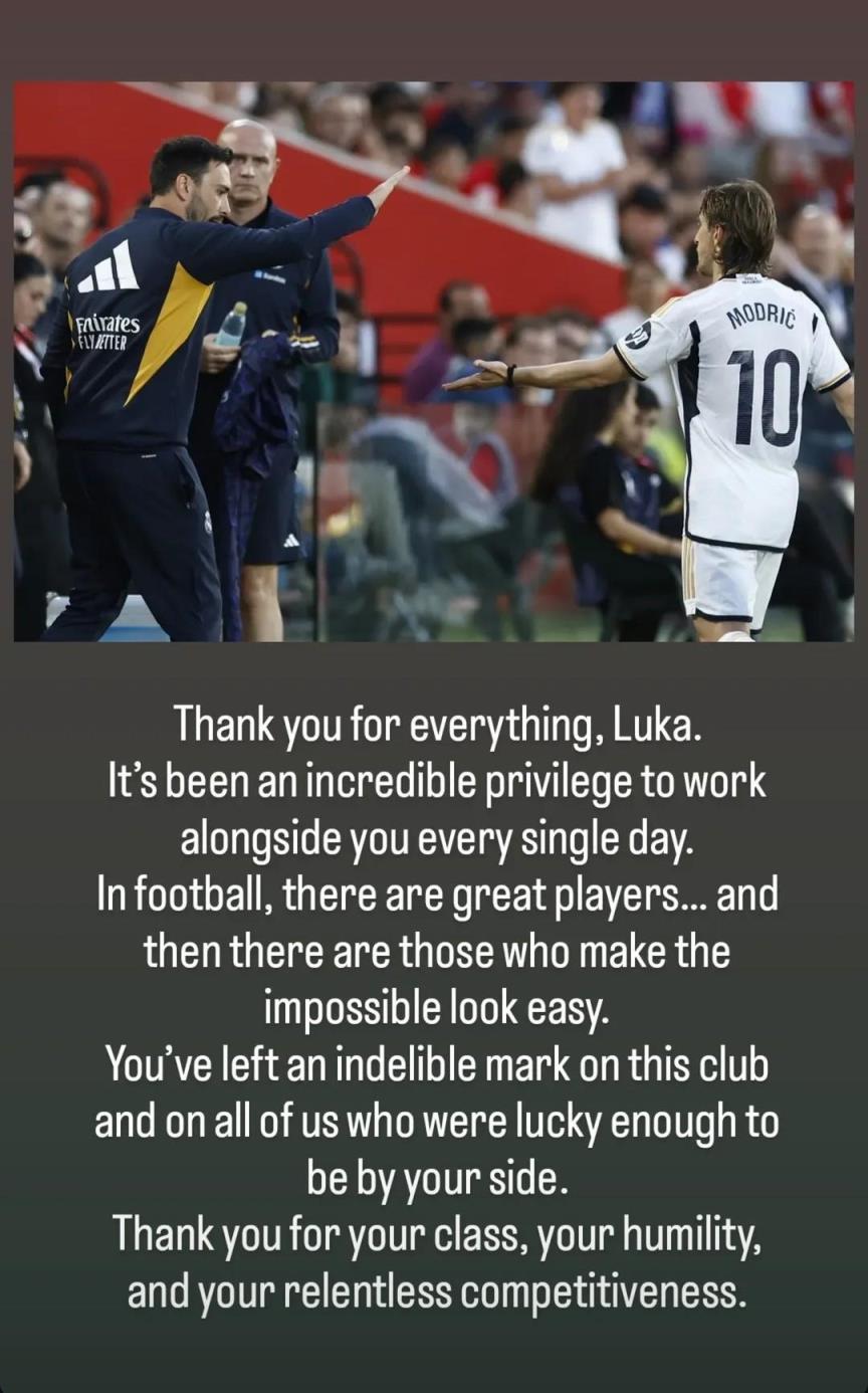 小安切洛蒂致謝莫德里奇：感謝你的一切，很榮幸與你并肩作戰(zhàn)