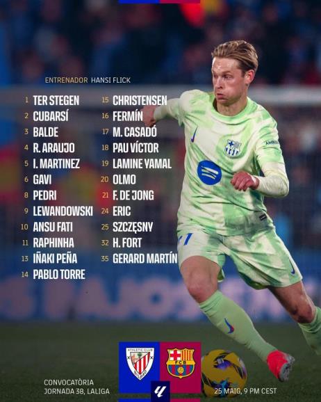 巴薩賽季末戰(zhàn)畢巴大名單：萊萬、亞馬爾領(lǐng)銜，德容在列