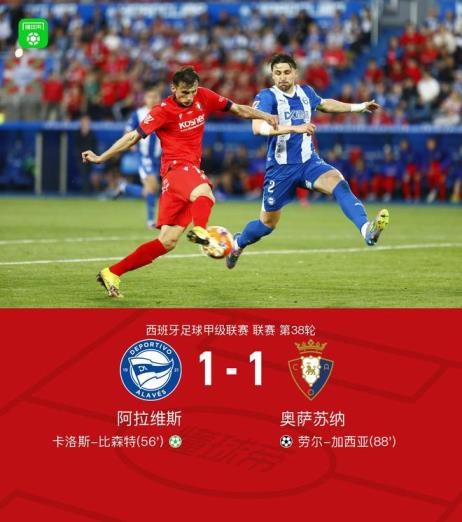 阿拉維斯1-1奧薩蘇納，比森特破門(mén)，加西亞絕平