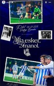 穆諾斯首次擔(dān)任皇家社會(huì)隊(duì)長(zhǎng)，賽前與恩師阿爾古亞西爾合影致謝