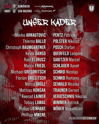 奧地利世預(yù)賽大名單公布：阿瑙托維奇領(lǐng)銜，薩比策與萊默爾入選